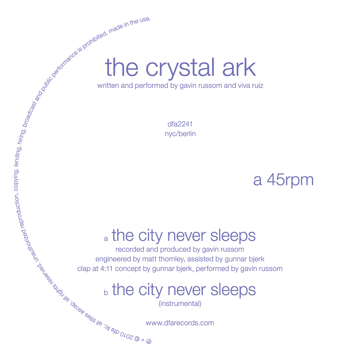 The Crystal Ark - The City Never Sleeps 12"
